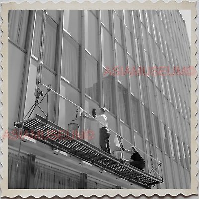 40s CHICAGO WINDOW WASHER BUILDING CRANE OLD B&W USA Vintage Photograph S9652