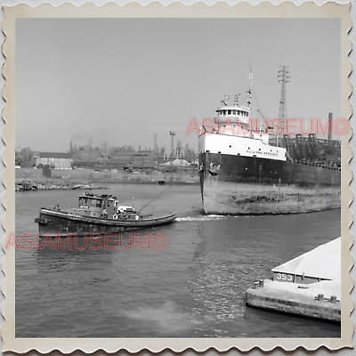 40s USA CHICAGO TUG BOAT FREIGHT SHIP PIER PORT RIVER CARGO Vintage Photo S10007