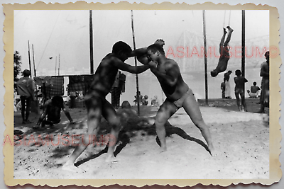 40s Wrestling Hug Calcutta Group Gay Topless Man Shorts Vintage INDIA Photo 590