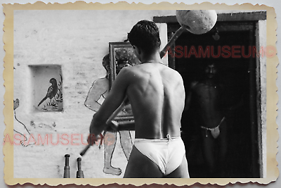 40s PORTRAIT STREET River GAY BOMBAY Topless Man B&W Vintage INDIA Photo 355