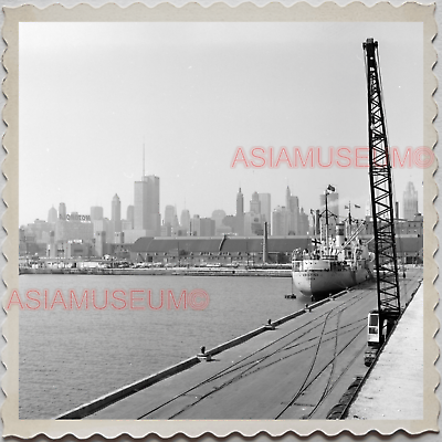 40s USA CHICAGO SHIP CARGO GOODS SKYLINE NAVY PIER PORT WW2 Vintage Photo S10227