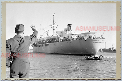 WW2 CHINA SHIP CRUISE PORT TERMINAL USA AMERICA FLAG Vintage Photo A31 中国旧老照片