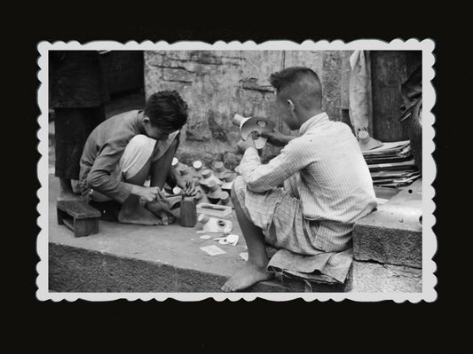 50s Vintage Hong Kong Photo Children Paper Gas Mask Sidewalk Street Boy  #399