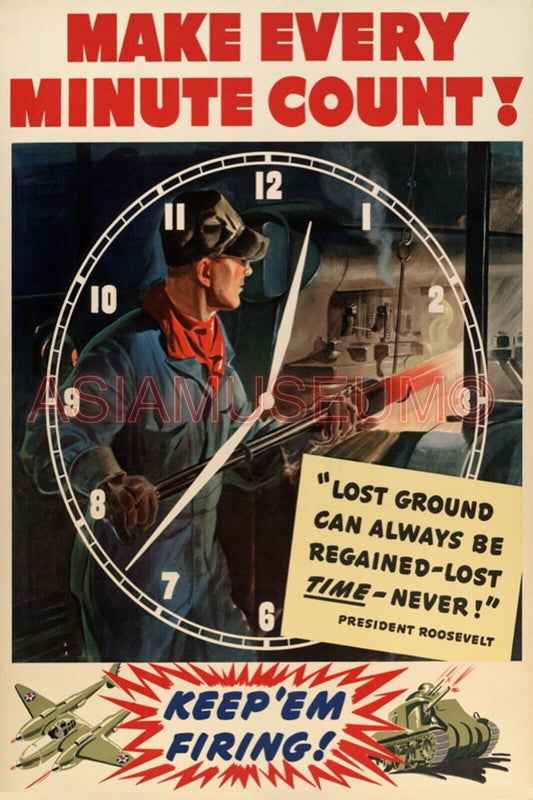 1942 WW2 USA AMERICA CLOCK WORKER TANK AIRCRAFT ROOSEVELT PROPAGANDA Postcard