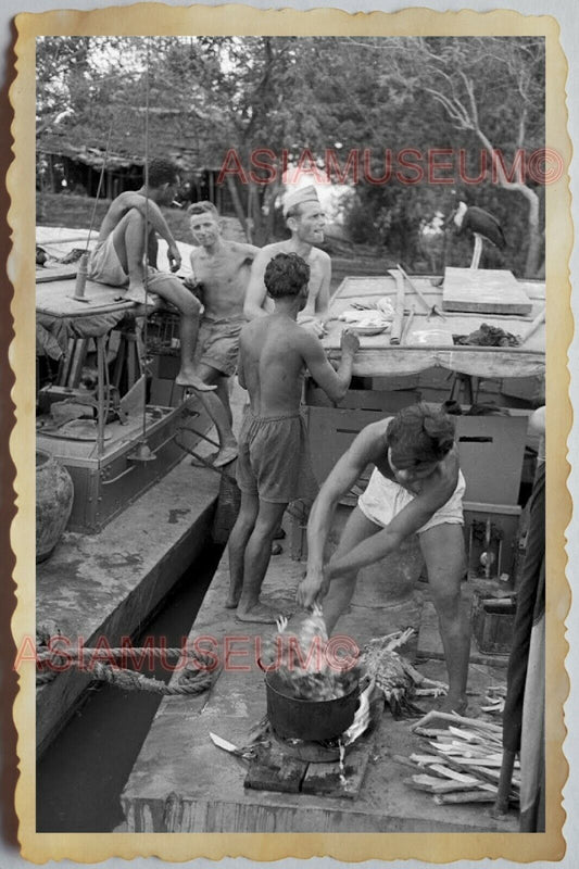 50s Vietnam SAIGON WAR GROUP ARMY COOKING BOAT TOPLESS MAN GAY Vintage Photo 973