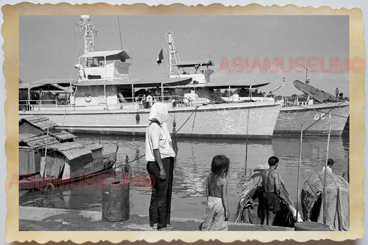 50s Vietnam War Saigon Warship Boat Ferry Pier Children Women Vintage Photo #442