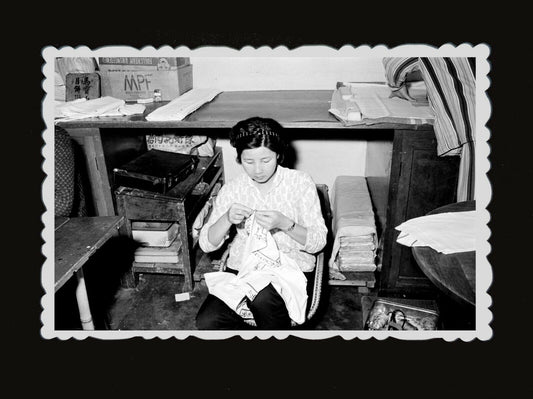 1950s Woman Hand Sewing Factory Fabric Clothe B&W Vintage Hong Kong Photo #664