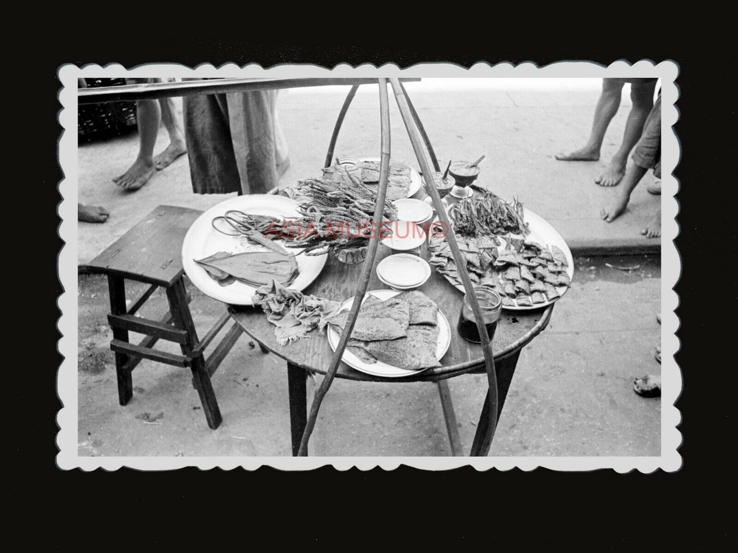 1950s STREET VENDOR DRIED SEAFOOD STALL ROADSIDE Vintage Hong Kong Photo #1206