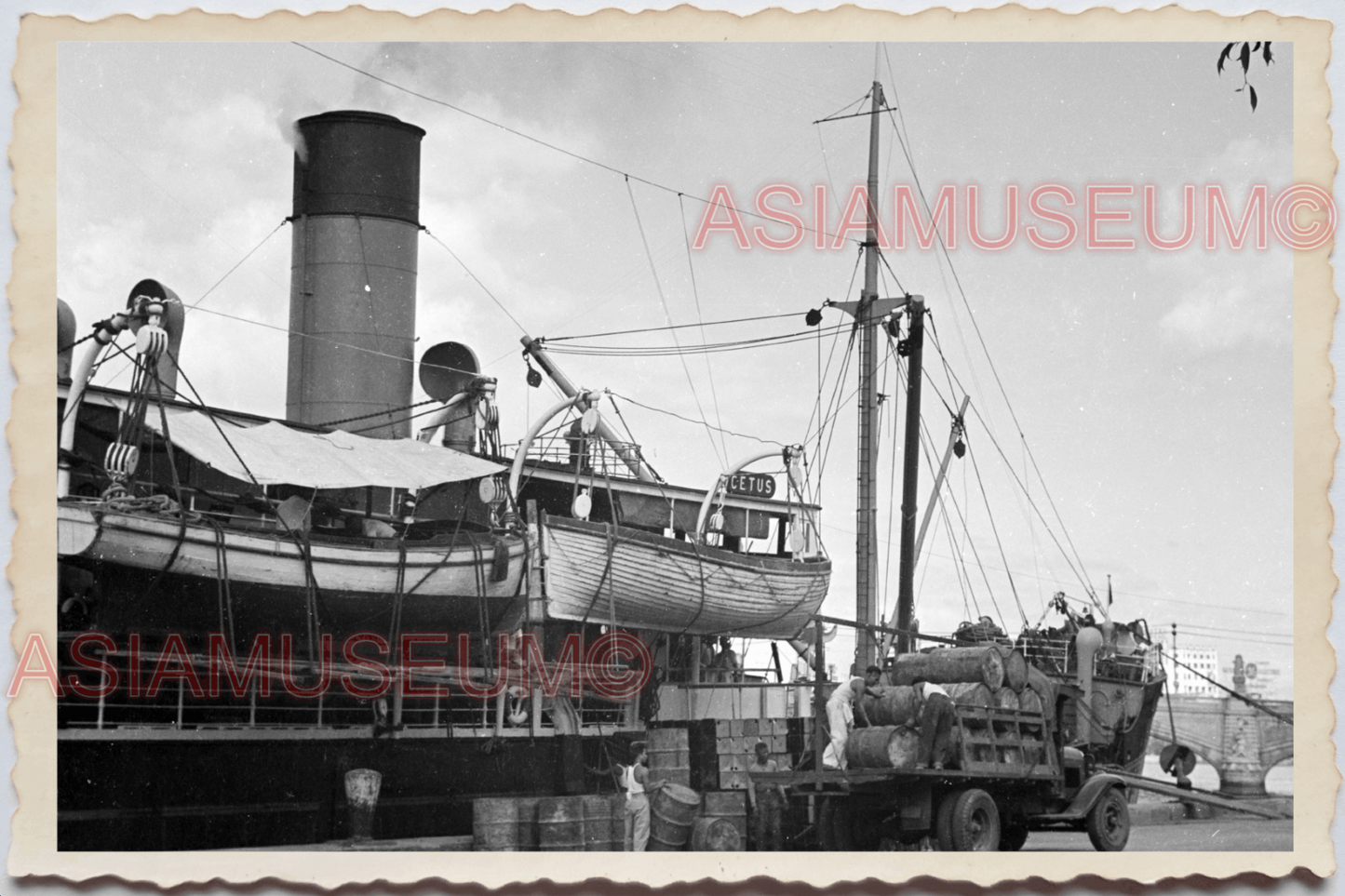 50s PHILIPPINES MANILA BAY SHIP DOCK TRUCK LOAD GOODS PIER Vintage Photo 27915