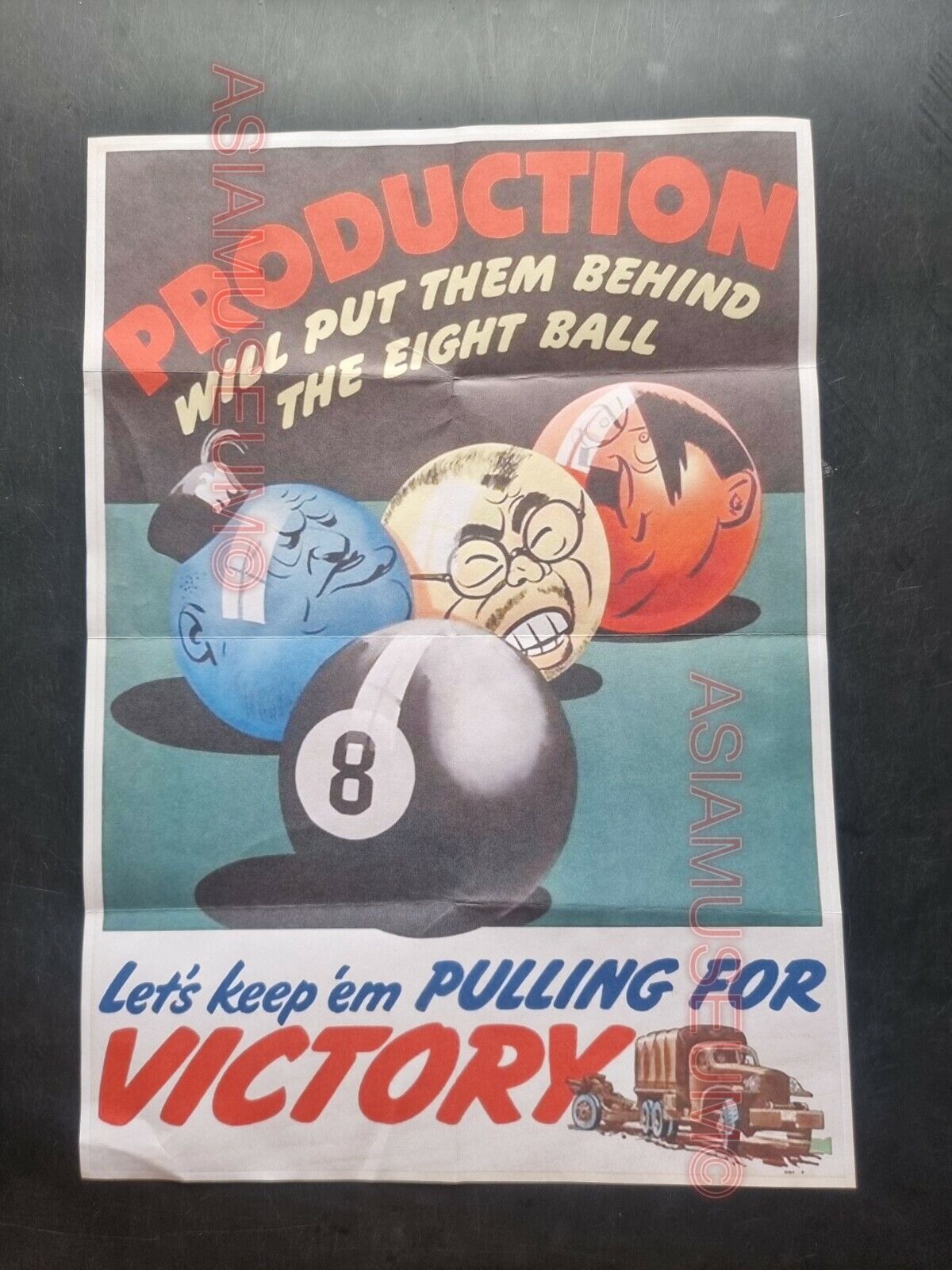 1941 WW2 USA AMERICA SNOOKER BILLIARD ALLIES  JAPAN ARMY TRUCK PROPAGANDA POSTER