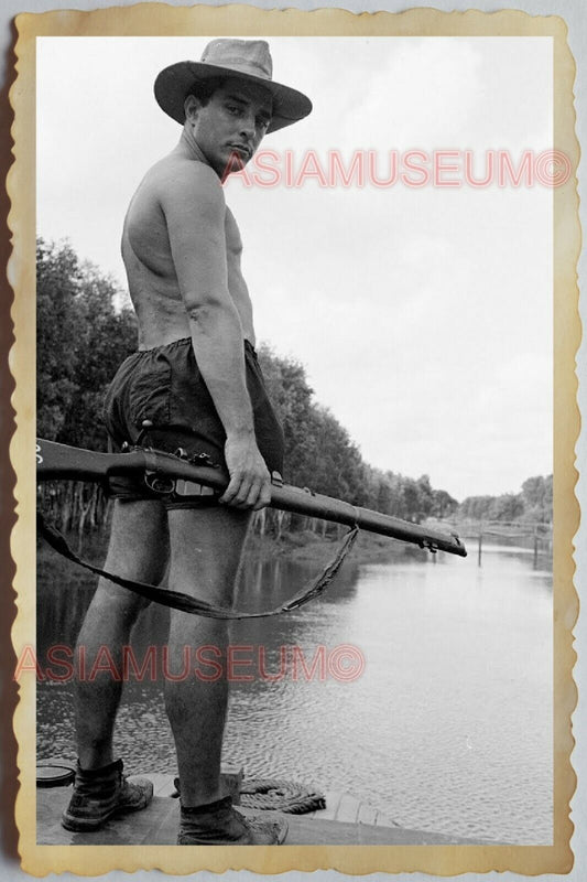 40s Vietnam War SAIGON ARMY SOLDIER BOAT GUN TOPLESS HAT GAY Vintage Photo 1545