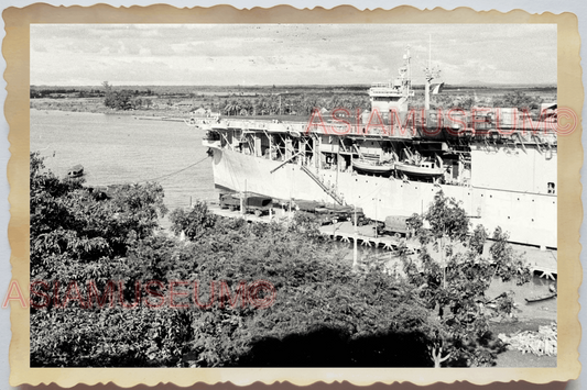 40s WW2 Vietnam FRENCH NAVY AIRCRAFT CARRIER WARSHIP DOCKED Vintage Photo 24739