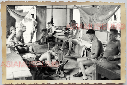 40s WW2 Vietnam FRANCE ARMY SMOKING TOPLESS GROUP MEN WAR ii Vintage Photo 25463