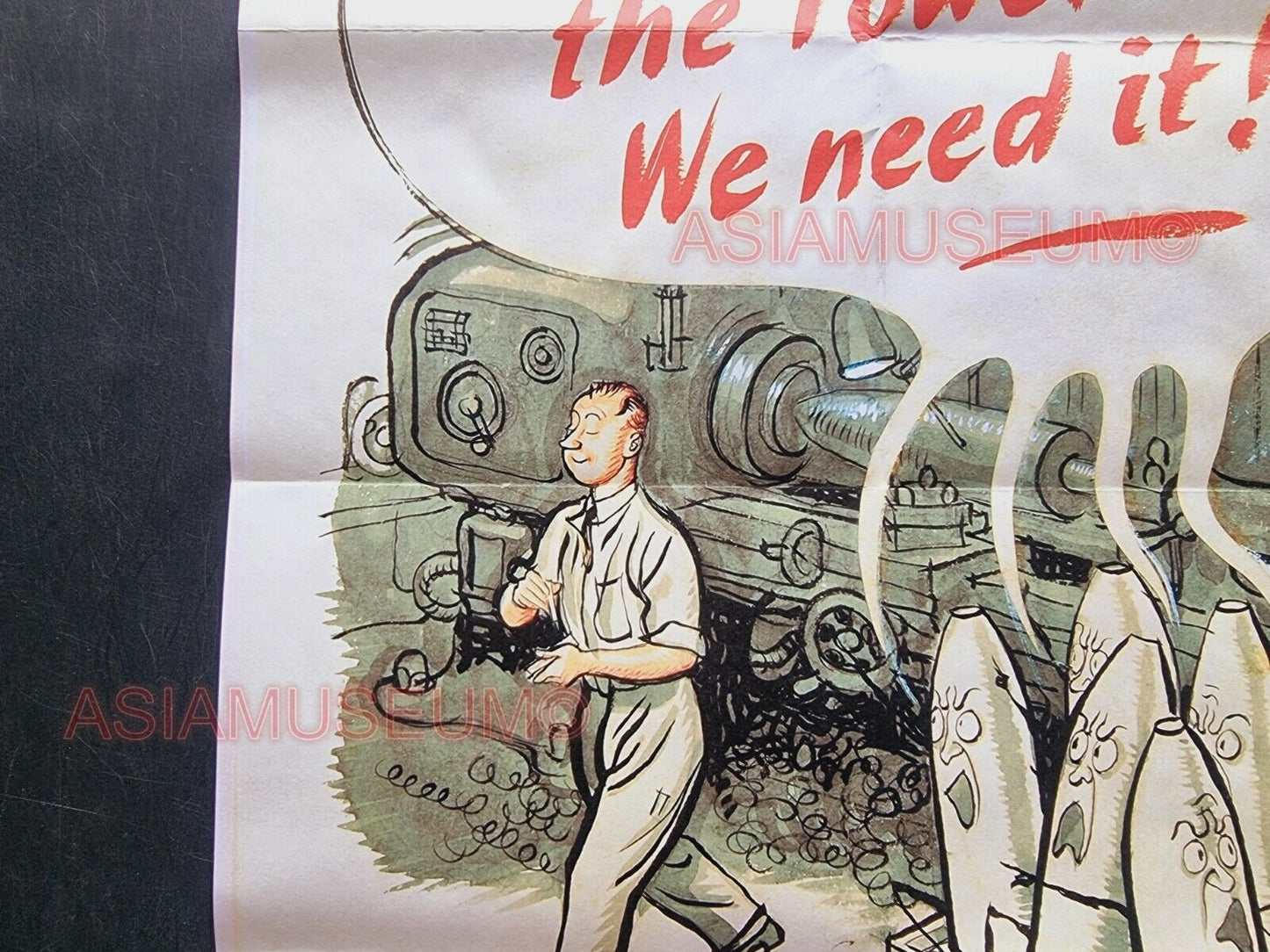 1943 WW2 USA AMERICA BRITAIN FACTORY WASTE POWER COAL BOMB WAR PROPAGANDA POSTER