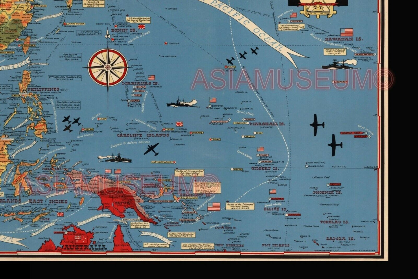 1944 WW2 USA JAPAN PACIFIC WAR MAP TIMELINE SUBMARINE WARSHIP AIRCRAFT POSTER