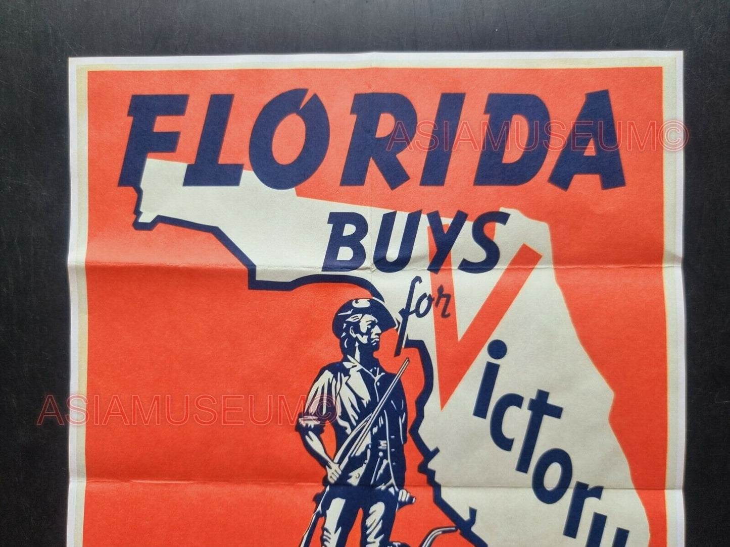 1943 WW2 USA AMERICA FLORIDA VICTORY ARMY SOLDIER BATTLE MAP PROPAGANDA POSTER