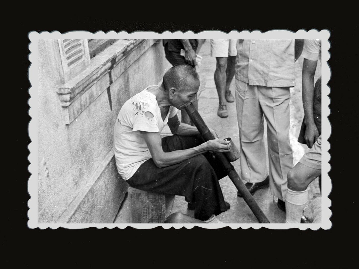 1940s Chinese Man Smoking Water Pipe City Sidewalk Vintage Hong Kong Photo #683