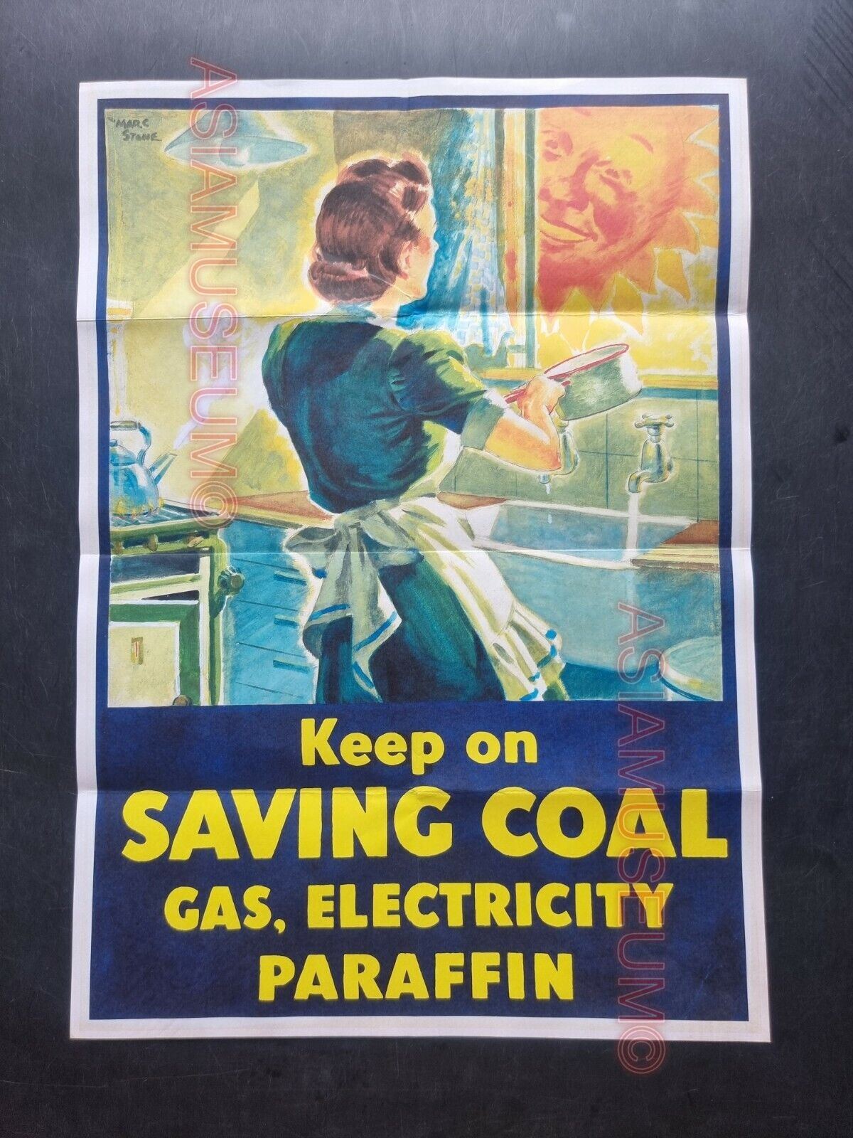 1944 WW2 USA AMERICA WOMEN LADY SAVING COAL ENERGY FOR WAR GAS PROPAGANDA POSTER