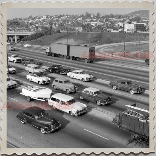 50s LOS ANGELES CALIFORNIA HIGHWAY CAR TRUCK ROAD OLD VINTAGE USA Photo 10067