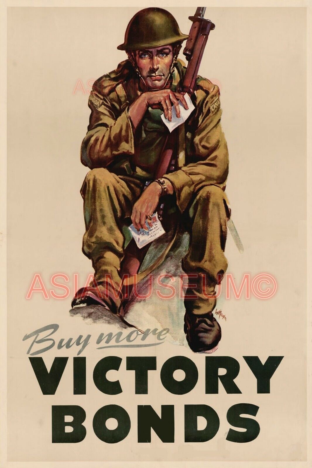 1945 WW2 USA AMERICA ARMY SOLDIER BUY VICTORY WAR BONDS GUN PROPAGANDA Postcard