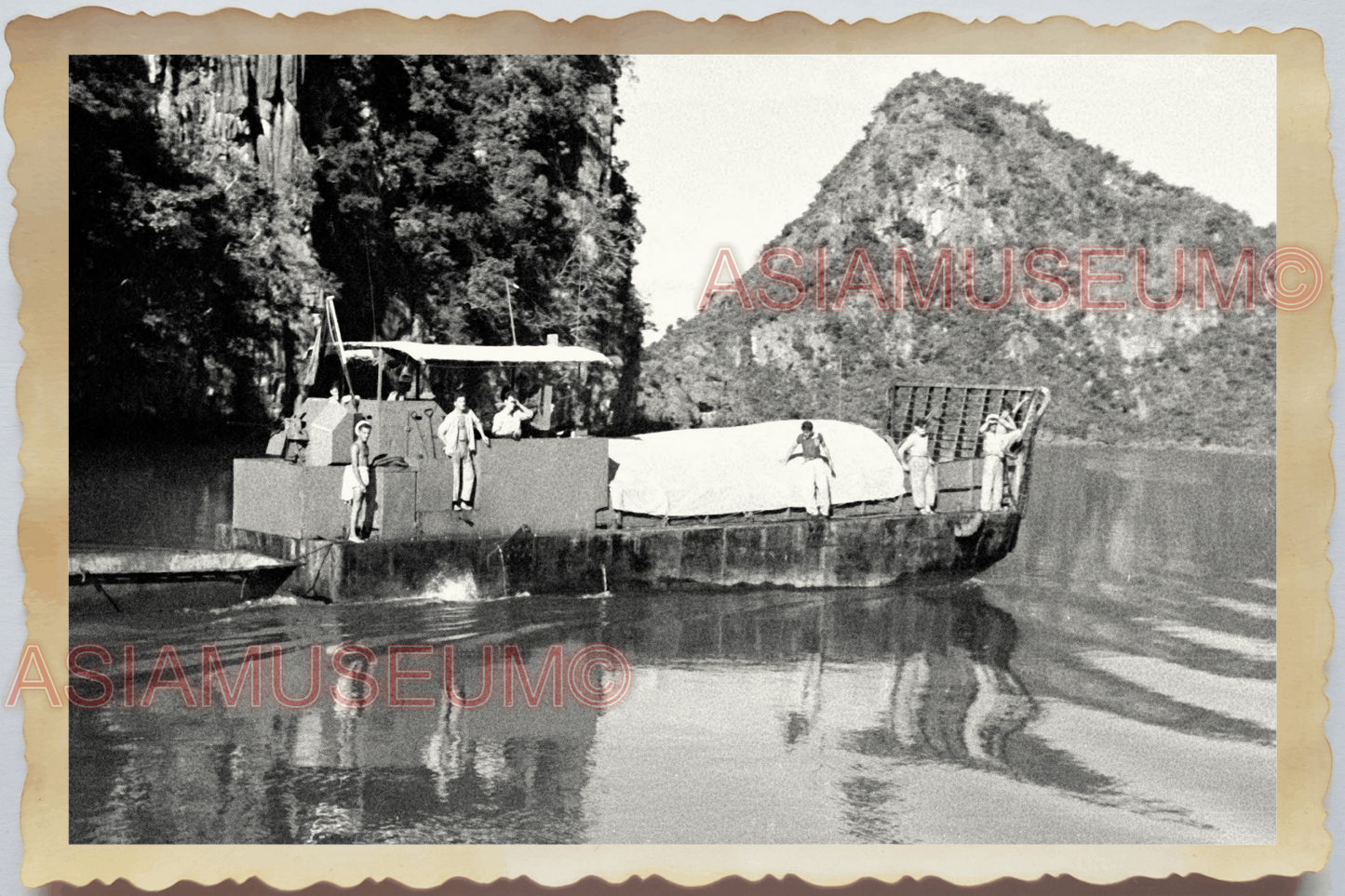 40s WW2 Vietnam FRENCH FRANCE ARMY BOAT HA LONG BAY TOPLESS Vintage Photo 25534