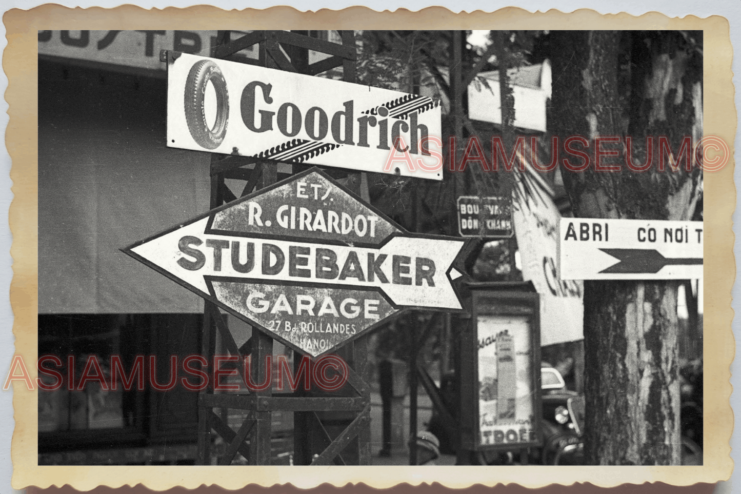 40s WW2 Vietnam STREET SCENE GOODRICH ADVERTISEMENT SIGN OLD Vintage Photo 04306