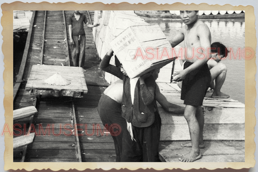 40s WW2 Vietnam SHIP PIER HARBOR COOLIE CRATE RAIL TRACK OLD Vintage Photo 04404