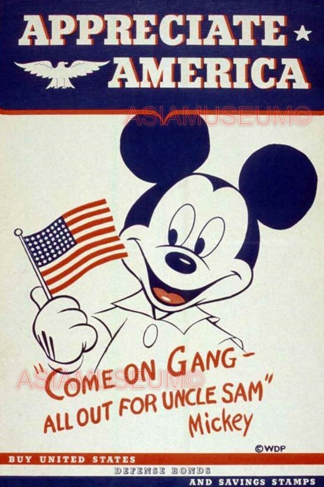 1943 WW2 USA AMERICA DISNEY MICKEY MOUSE FLAG UNCLE SAM WAR BONDS STAMP Postcard