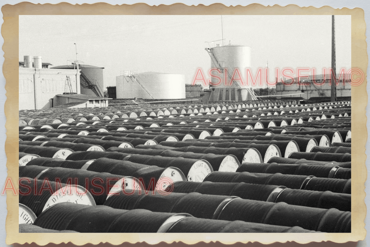 40s WW2 Vietnam HANOI BARREL GASOLINE MOBIL TEXACO REFINERY Vintage Photo 04253