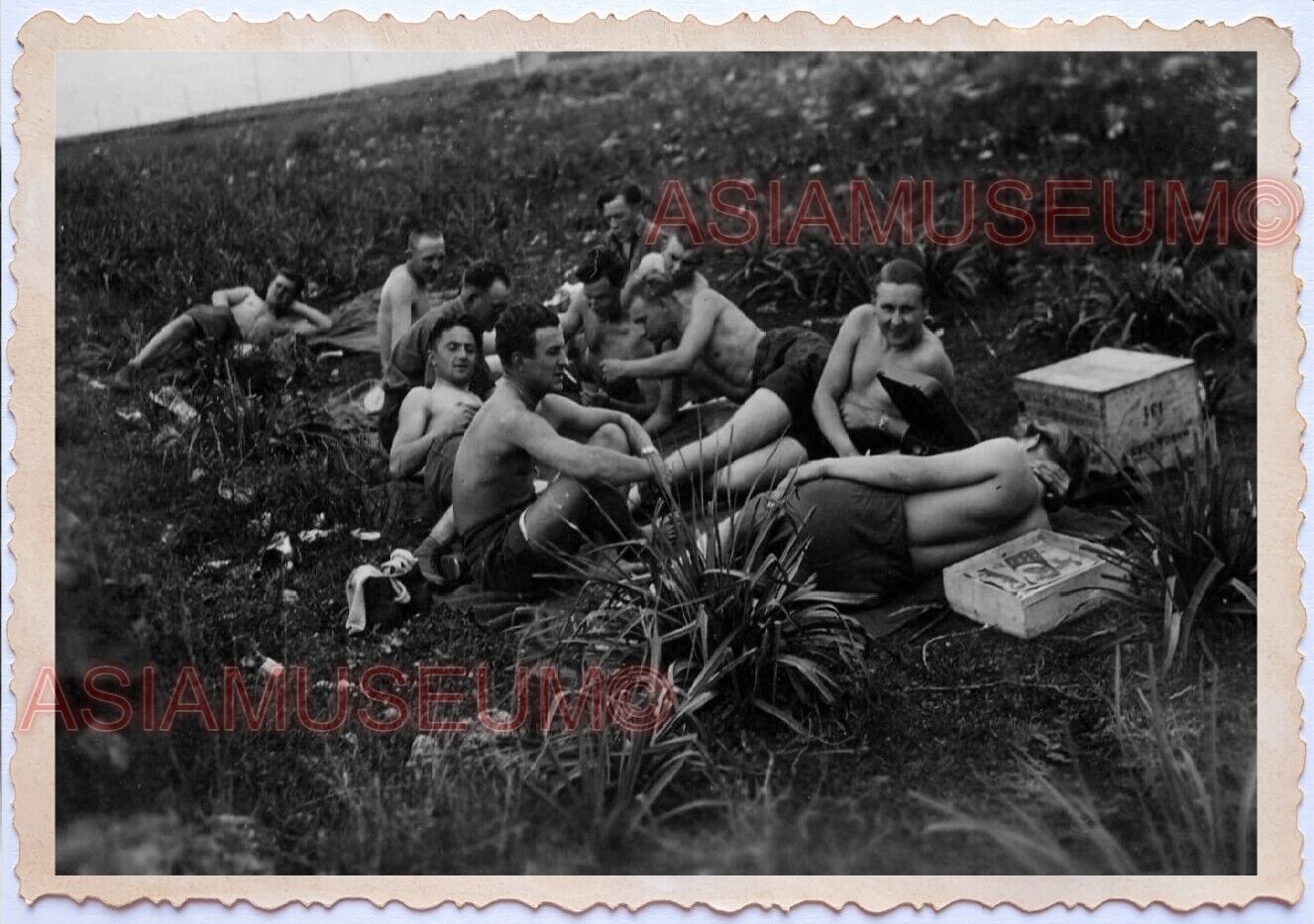 WWii D-DAY NORMANDY EUROPE Group ARMY Soldier Gay Topless Man Garden Photo D9