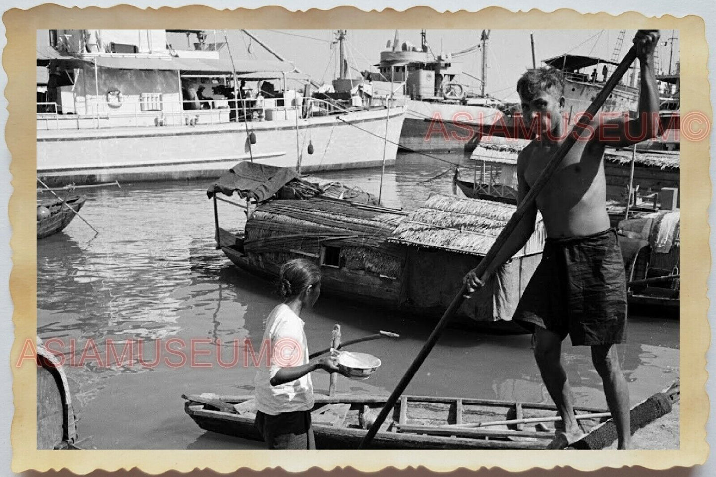 WW2 Vietnam War Mekong Ship Ferry Boat House Women Lady Pier Vintage Photo #791