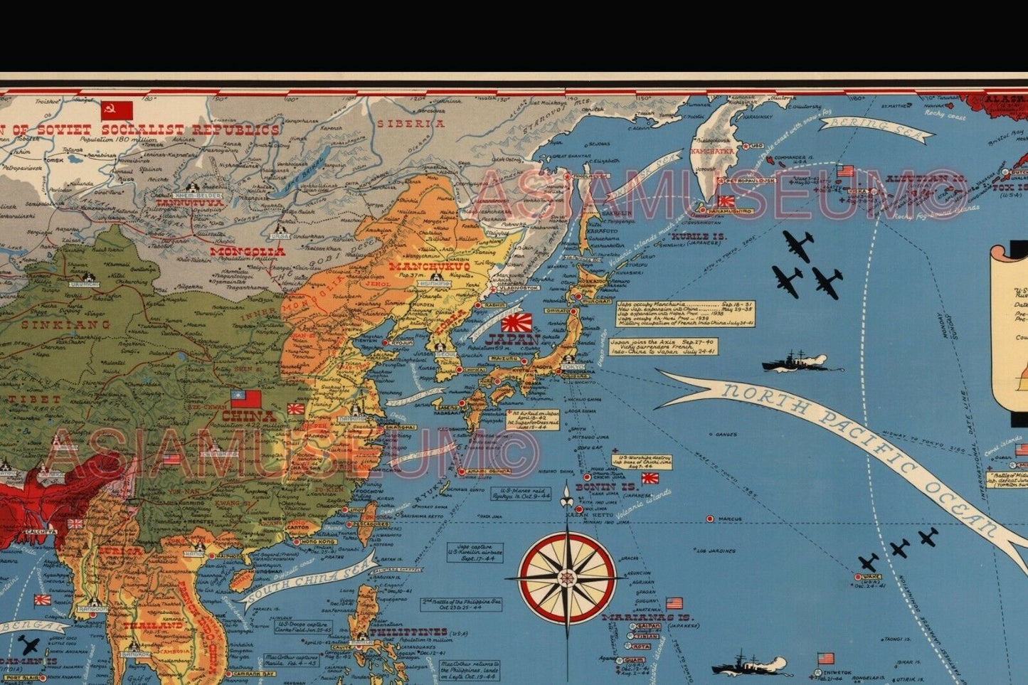 1944 WW2 USA JAPAN PACIFIC WAR MAP TIMELINE SUBMARINE WARSHIP AIRCRAFT POSTER