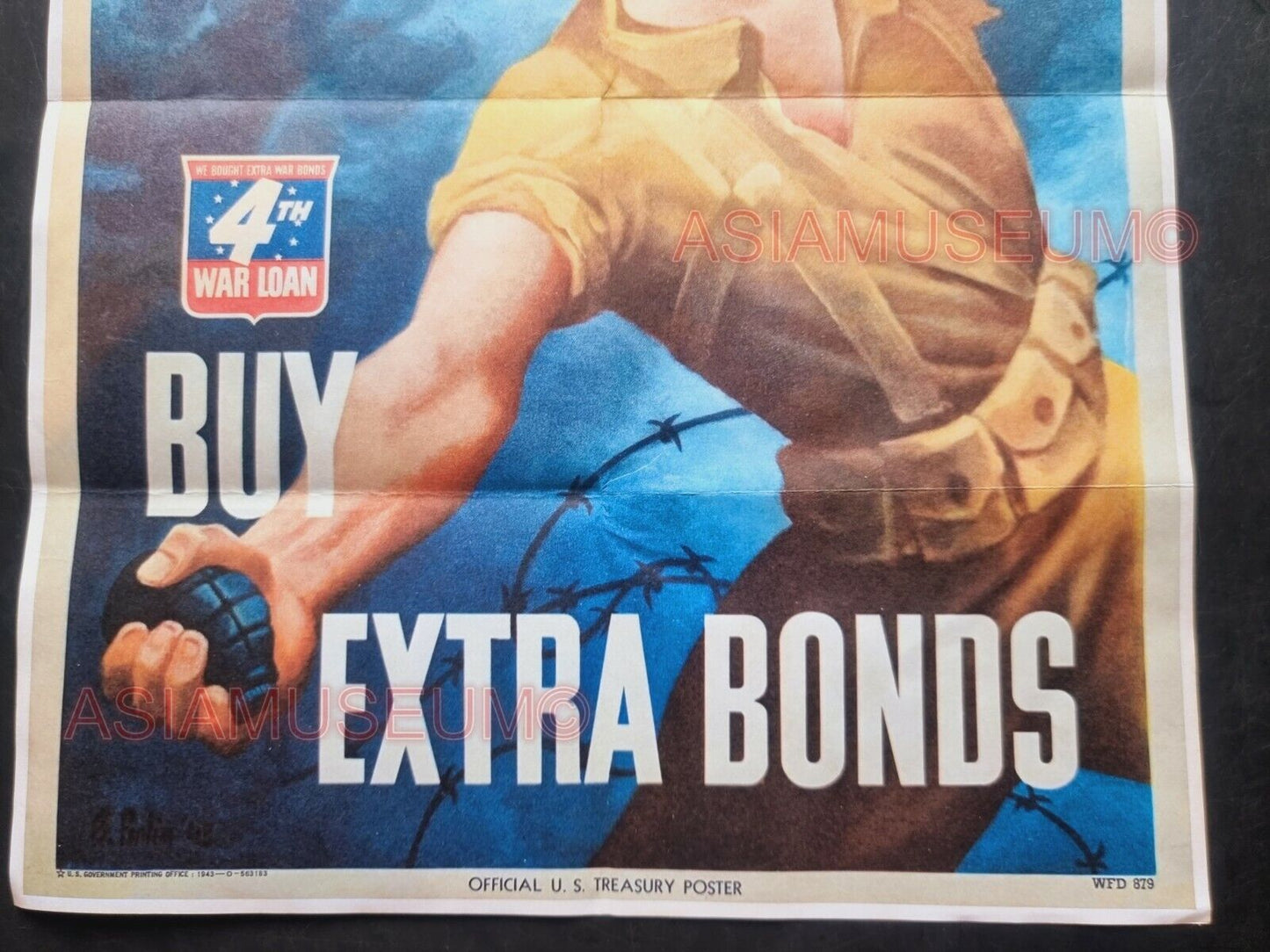 1943 WW2 USA AMERICA BUY EXTRA BONDSARMY SOLDIER BOMB GRENADE  PROPAGANDA POSTER