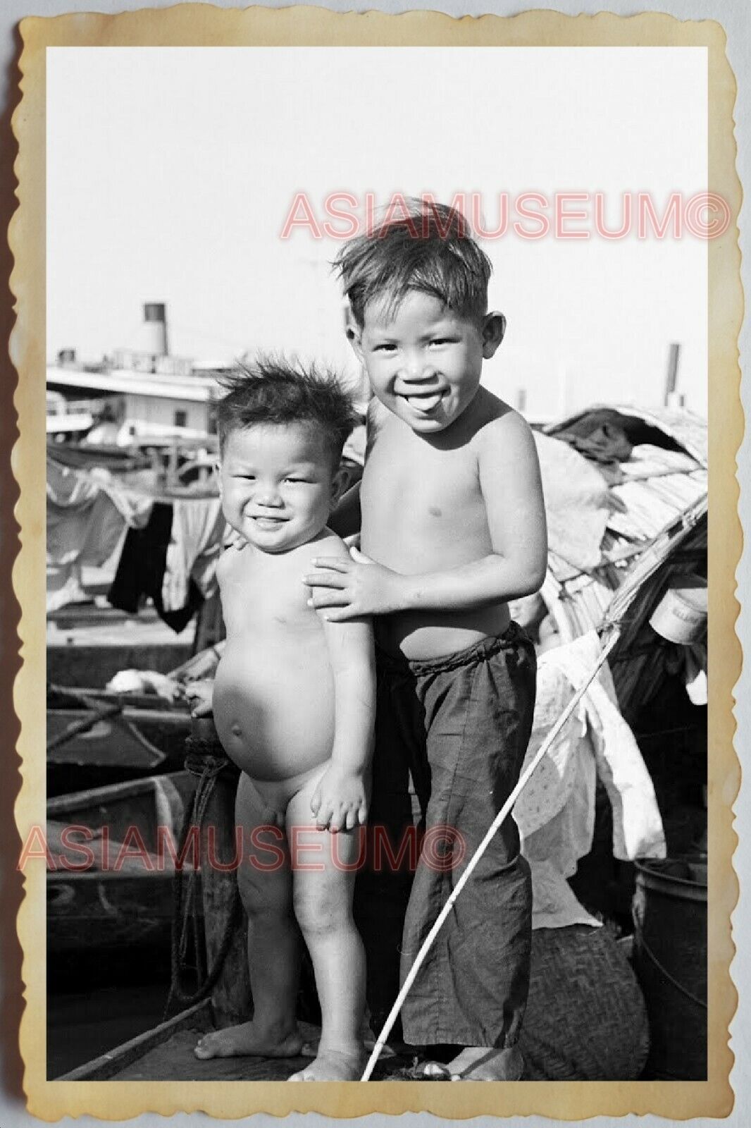 60s Vietnam War HO CHI MINH PIER BOAT CHILDREN PORTRAIT BOY Vintage Photo 1149