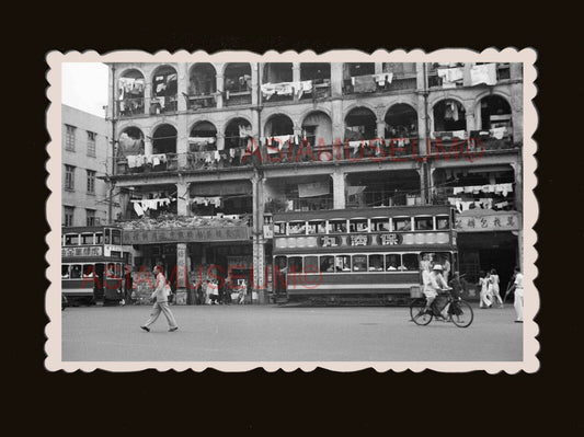 1940's Double Decker Tram Bicycle Street Shop Vintage Hong Kong Photo 香港旧照片 2165