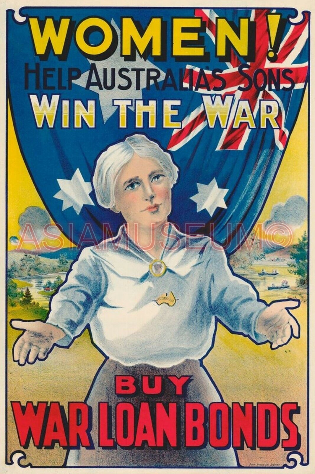 1942 WW2 AUSTRALIA WAR LOAN BONDS WOMEN FLAG LADY AMERICA PROPAGANDA Postcard