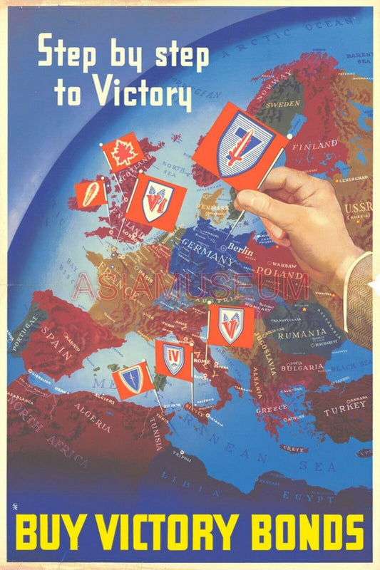 1943 WW2 USA AMERICA BRITISH BUY VICTORY BONDS WAR EUROPE MAP USSR FLAG Postcard