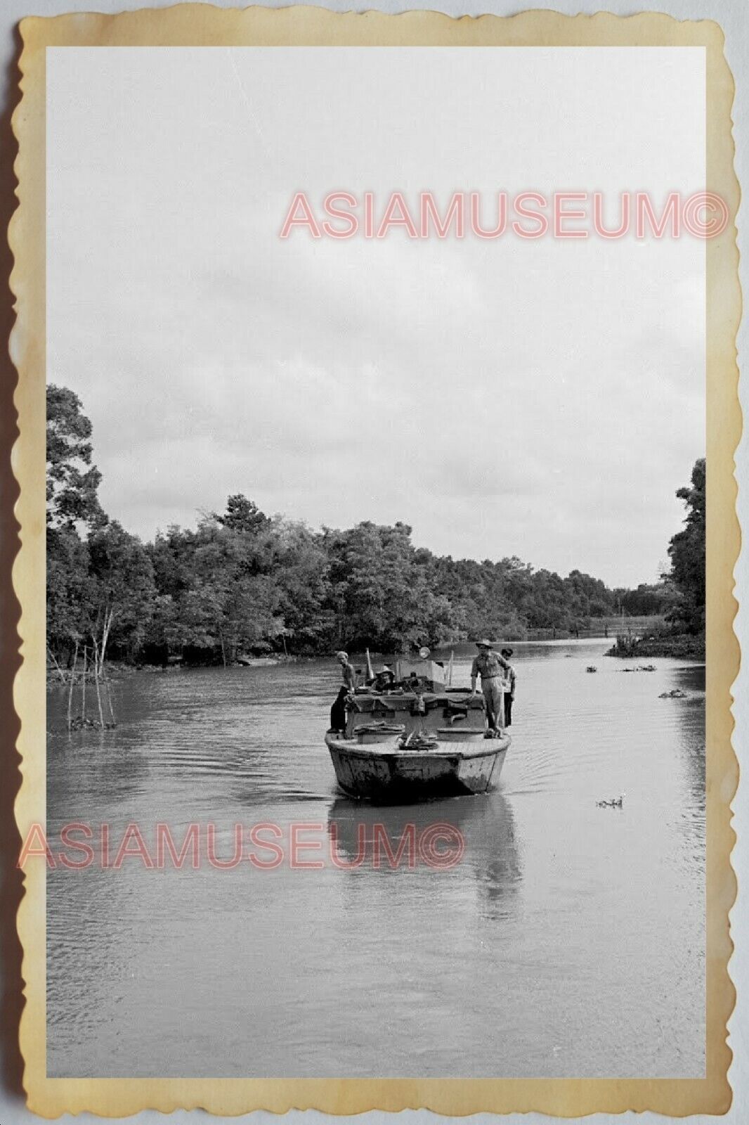 50s Vietnam SAIGON RIVER BOAT ARMY PATROL TOPLESS MAN GAY WAR Vintage Photo #827