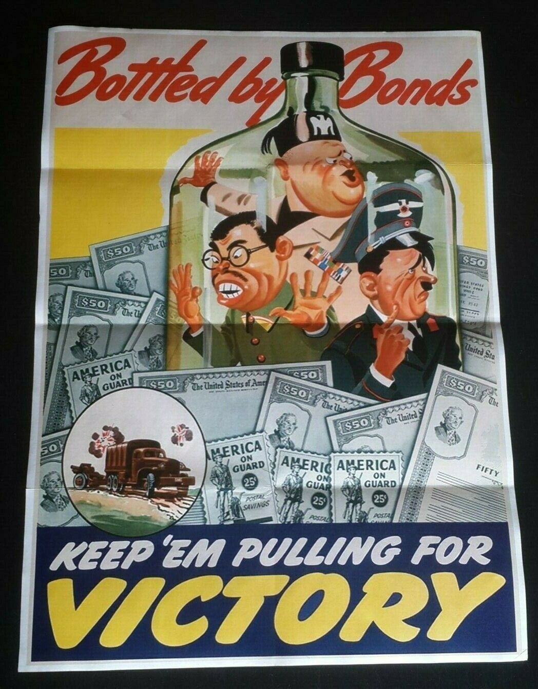 1943 WWii COMIC CARTOON FUNNY D-DAY USA BOTTLE TRUCK TOJO BOND PROPAGANDA POSTER