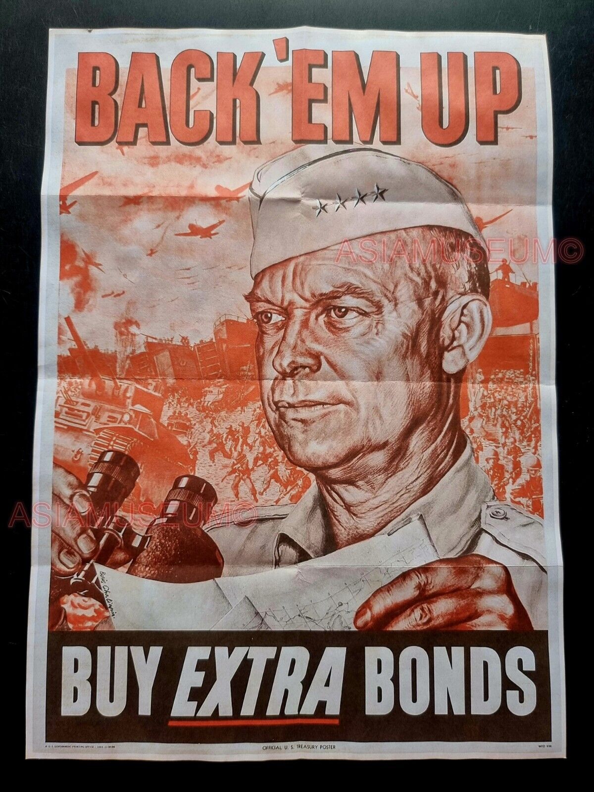 1943 WW2 USA BACK 'EM UP BUY WAR BONDS GENERAL ARMY PLANE  PROPAGANDA POSTER 541