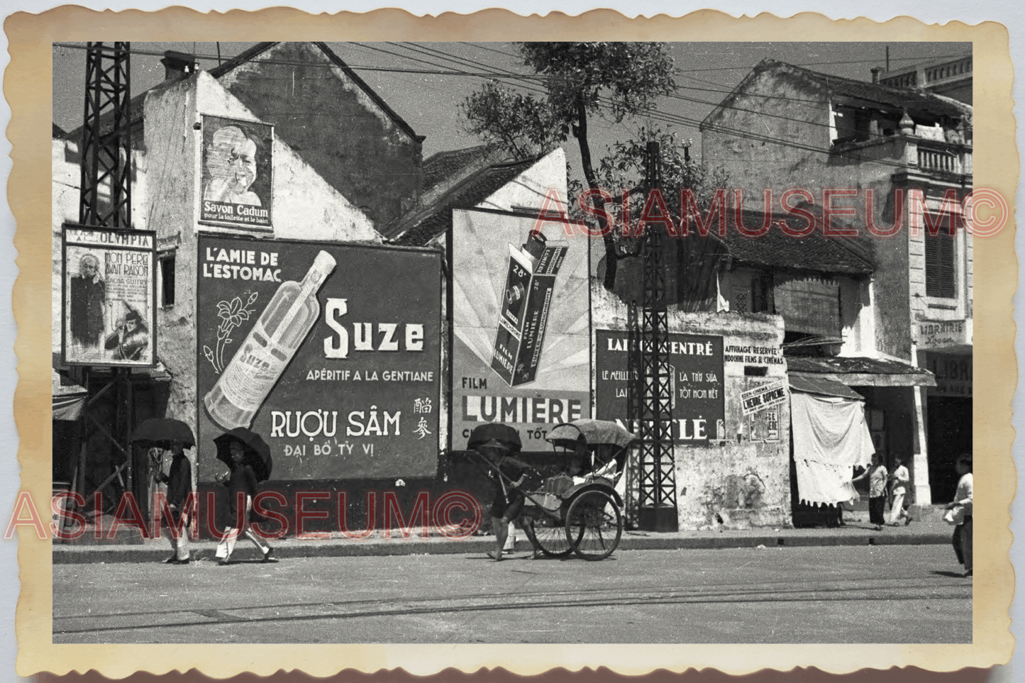 40s Vietnam HAI PHONG STREET SCENE MAN RICKSHAW ADVERTISEMENT Vintage Photo 4363