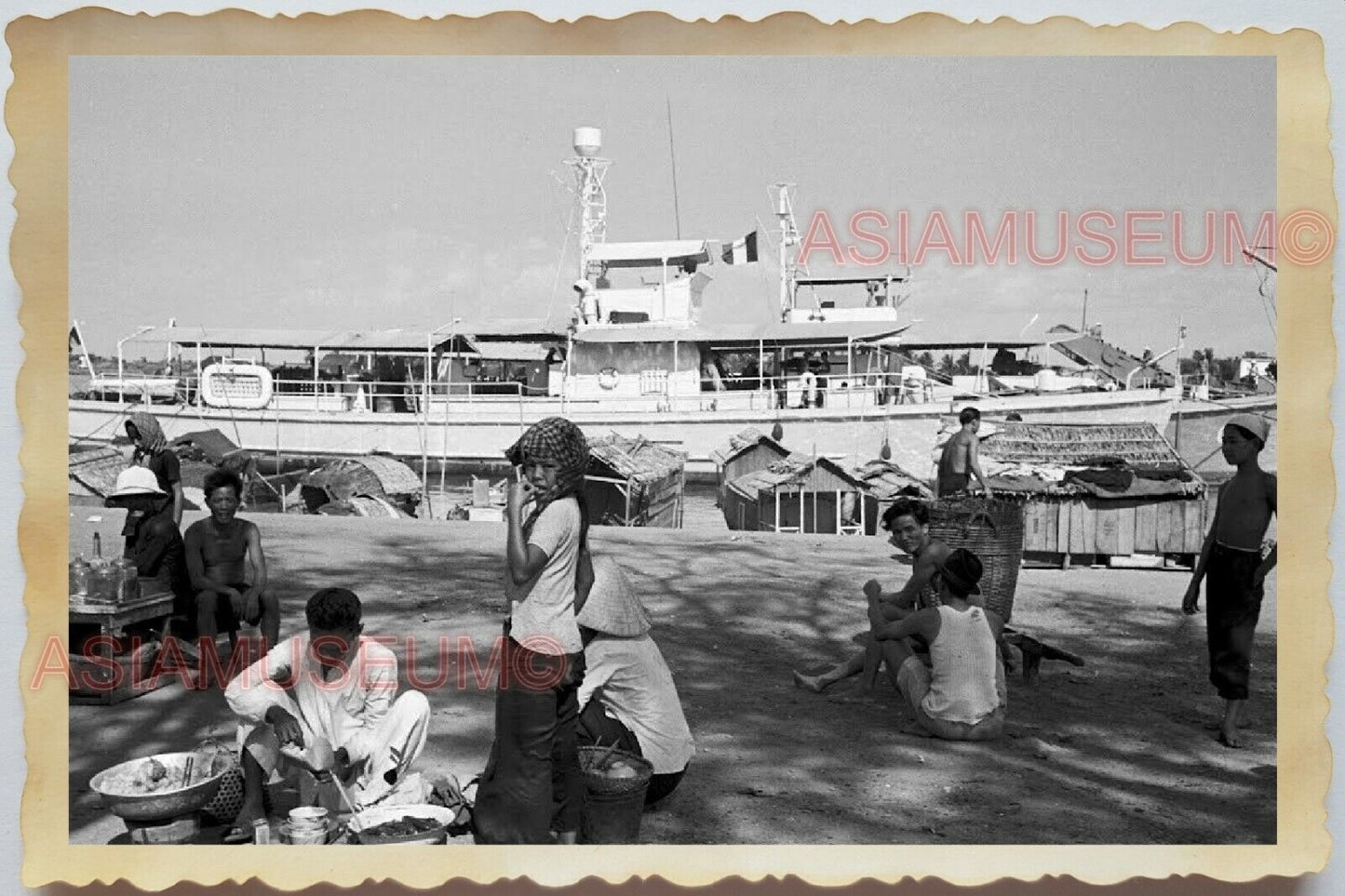 1950s Vietnam France Flag Ship Boat Pier Street Food Vendor Vintage Photo 1254