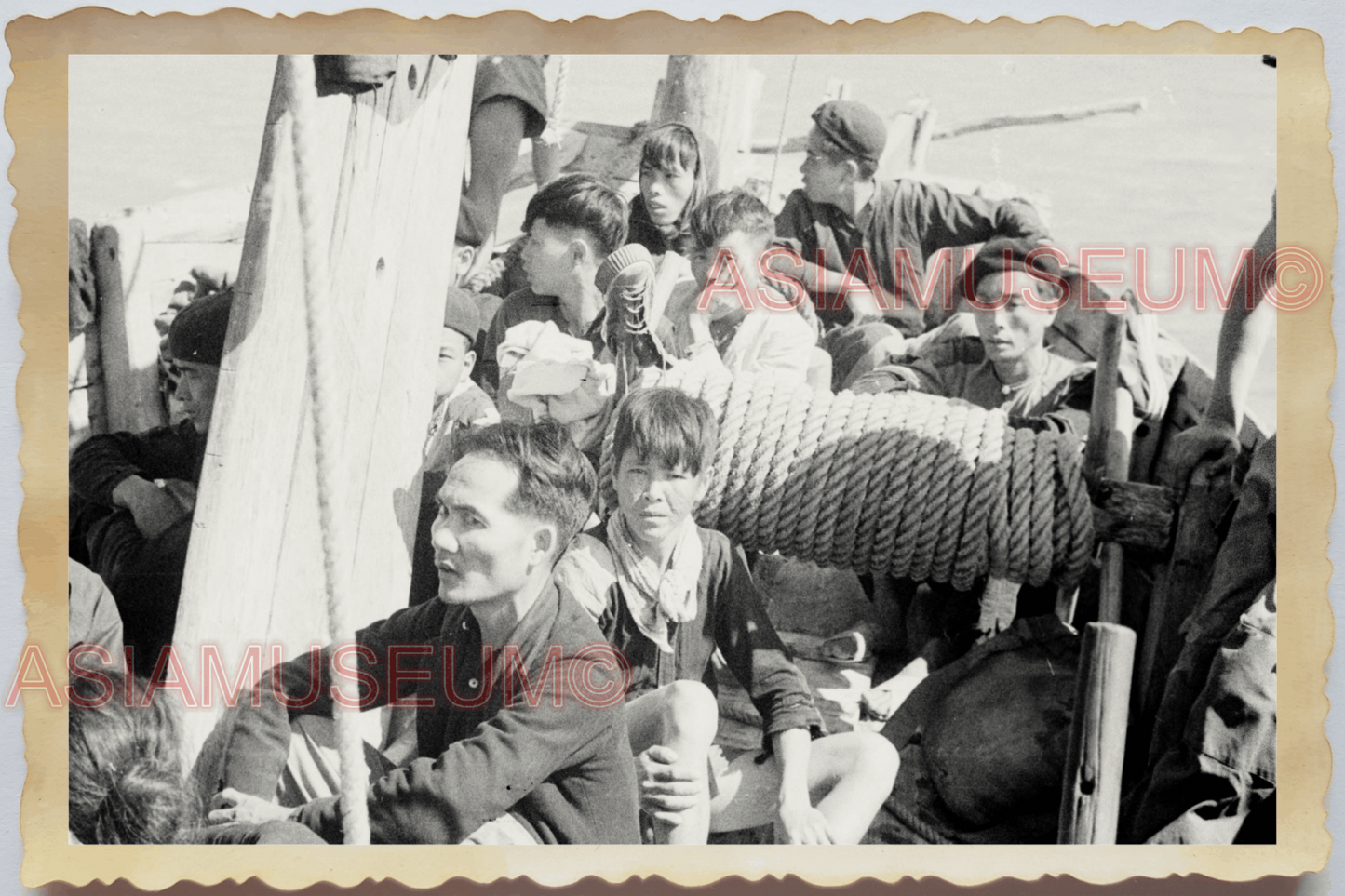 40s WW2 Vietnam BOYS MEN SAIL BOAT REFUGEE SHIP WAR PORTRAIT Vintage Photo 26657