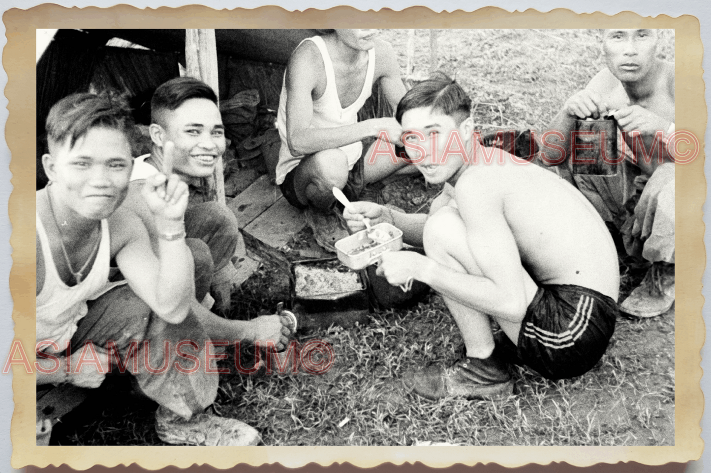 40s WW2 Vietnam FRENCH ARMY CAMP VIET MINH SOLDIER TOPLESS Vintage Photo 24803