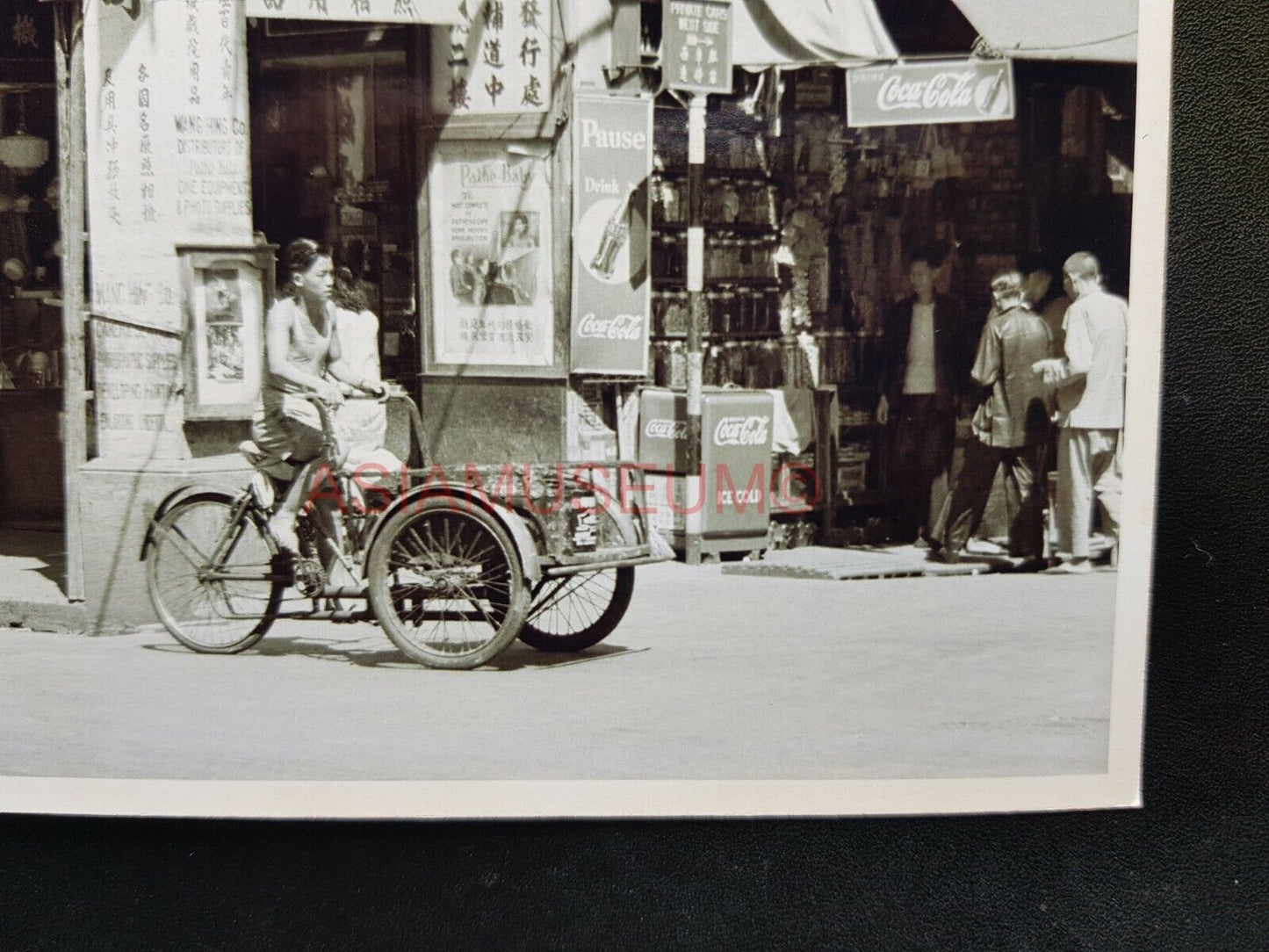 Street Scene Ads Sign Trishaw Road Vintage B&W Hong Kong Photo Postcard RPPC