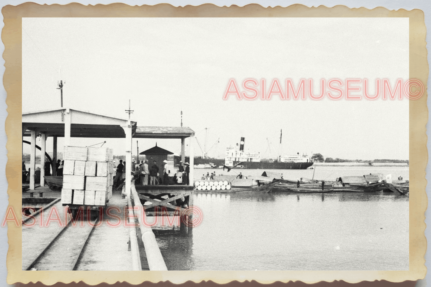 40s WW2 Vietnam SHIP PIER HARBOR OIL RIFINERY CARGO SHIP OLD Vintage Photo 04405