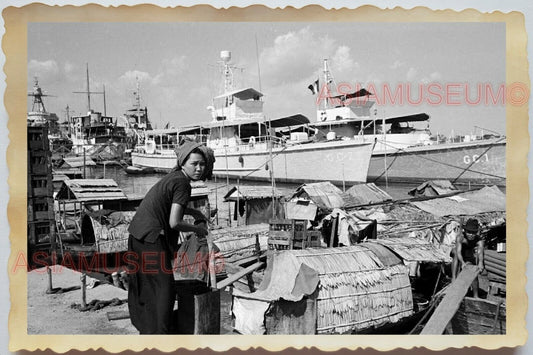 50s Vietnam War Indochina Mekong River Boat House Women Pier  Vintage Photo #354