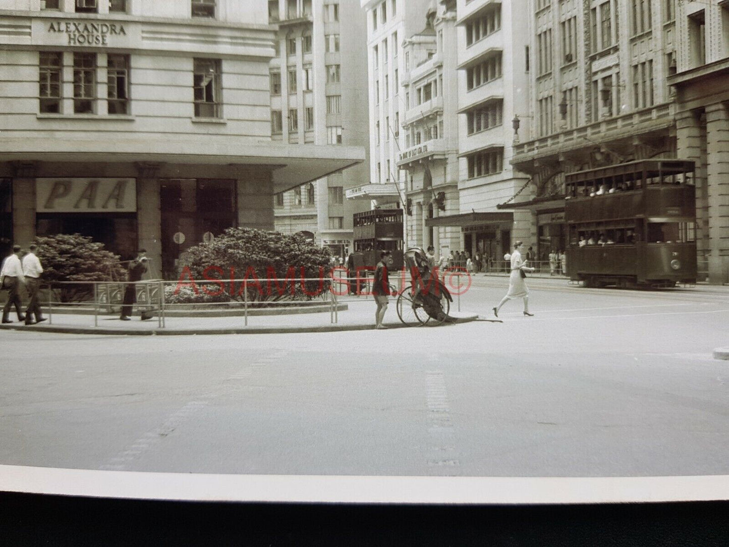 Alexandra House Queen's Road Tram Bus  Vintage B&W Hong Kong Photo Postcard RPPC