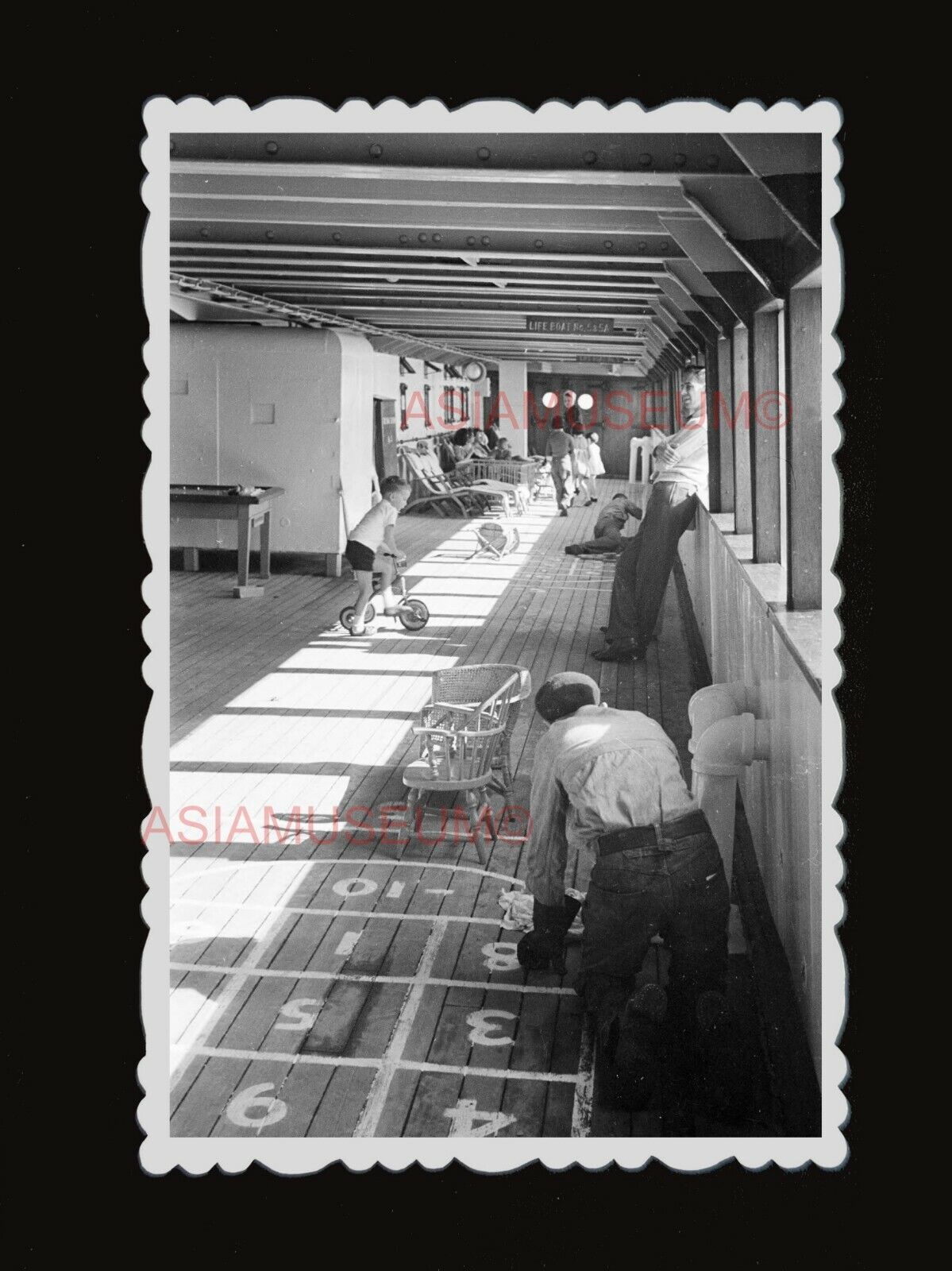 1940s Ship Deck British Children Man Vintage B&W Old Hong Kong Photograph #1645