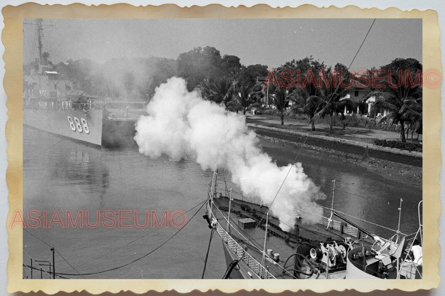 50s Vietnam War Saigon Mekong River Navy Naval Warship Sailor Vintage Photo #889